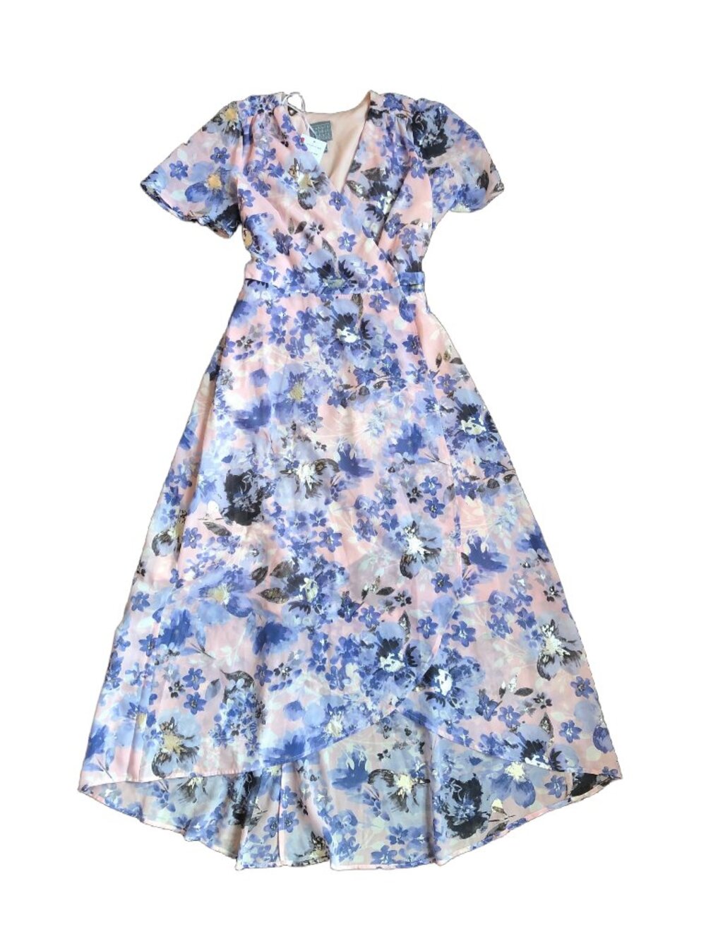 Rabbit Rabbit Rabbit Silver Metallic Flowy High Low Floral Mesh Wrap Dress